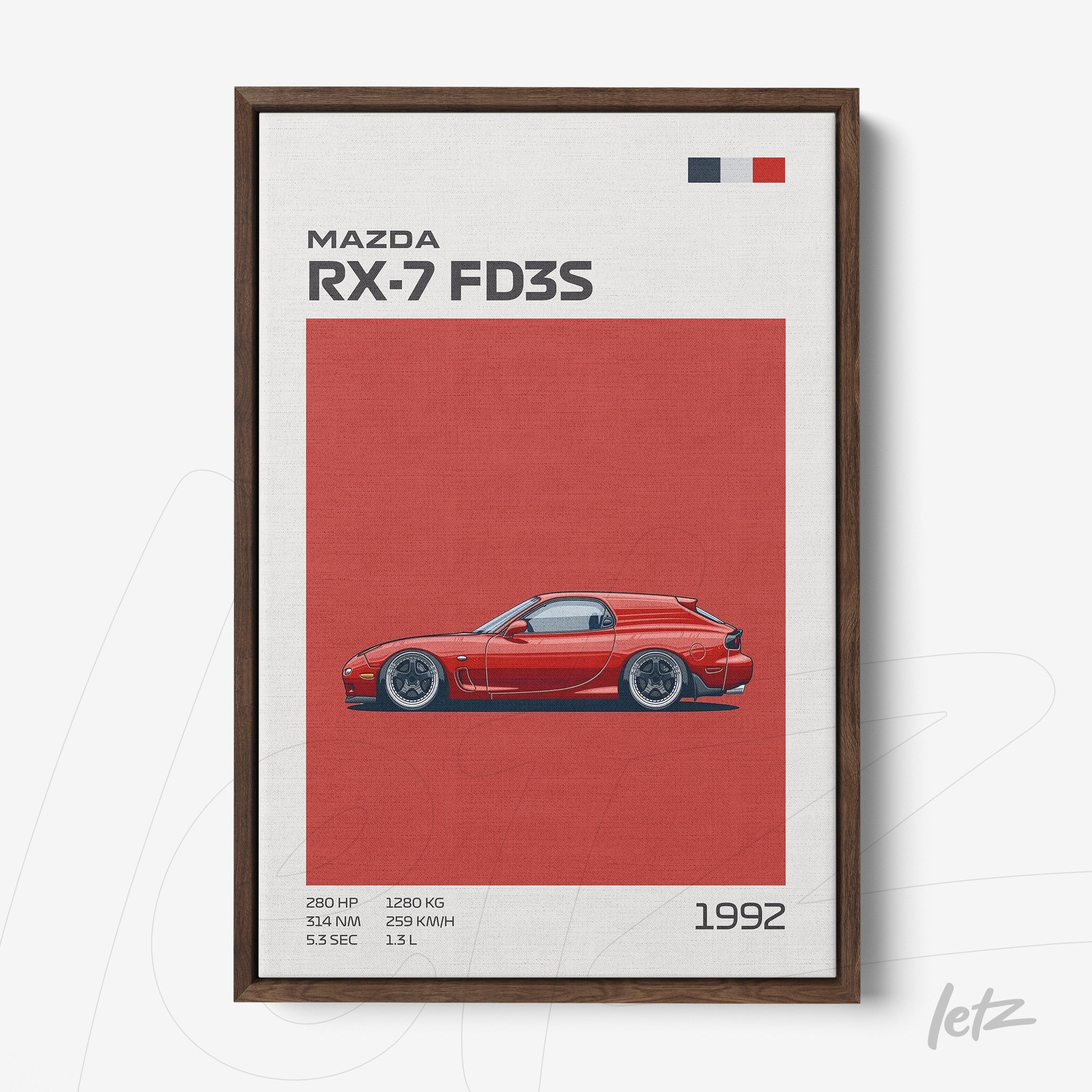 quadro com arte digital do carro Mazda RX-7 FD3S em fundo vermelho com moldura marrom