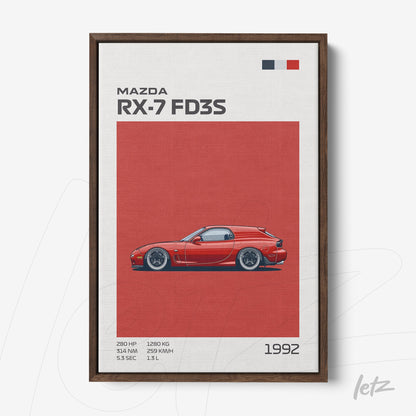 quadro com arte digital do carro Mazda RX-7 FD3S em fundo vermelho com moldura marrom