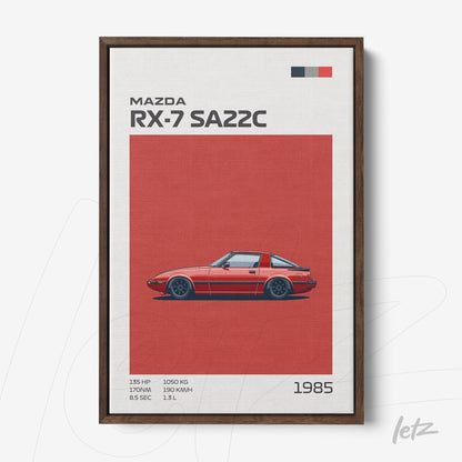 quadro com arte de carro esportivo Mazda RX-7 SA22C em fundo vermelho e moldura madeira escura