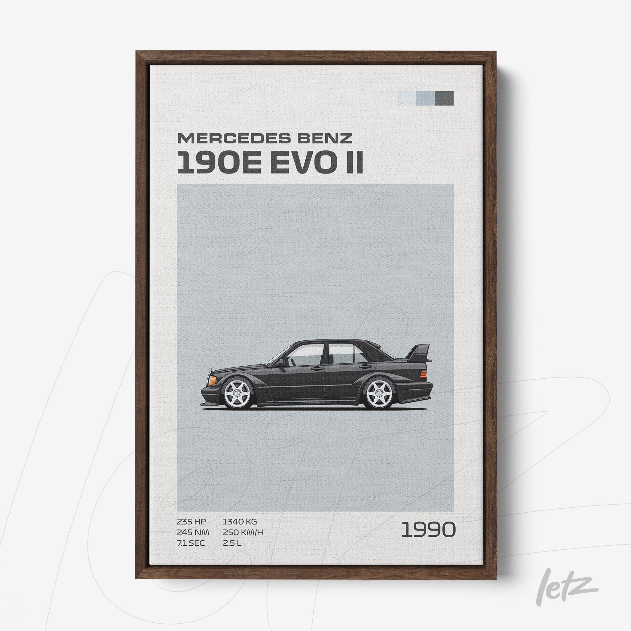 quadro com ilustração estilizada do carro Mercedes Benz 190E EVO II em moldura marrom