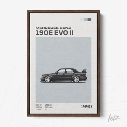 quadro com ilustração estilizada do carro Mercedes Benz 190E EVO II em moldura marrom