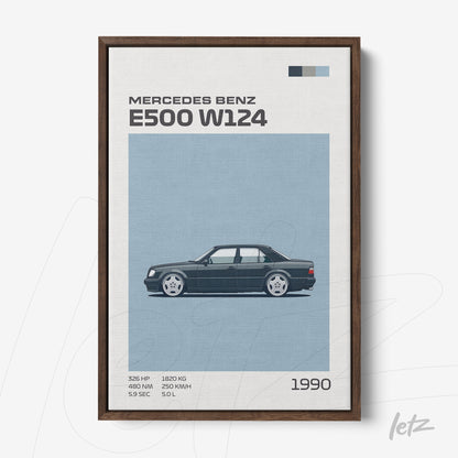 quadro com ilustração digital de um Mercedes Benz E500 W124 em fundo azul, detalhes em cinza e moldura de madeira escura