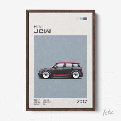 quadro com arte digital de um carro Mini JCW em moldura de madeira escura, com fundo cinza e detalhes em vermelho