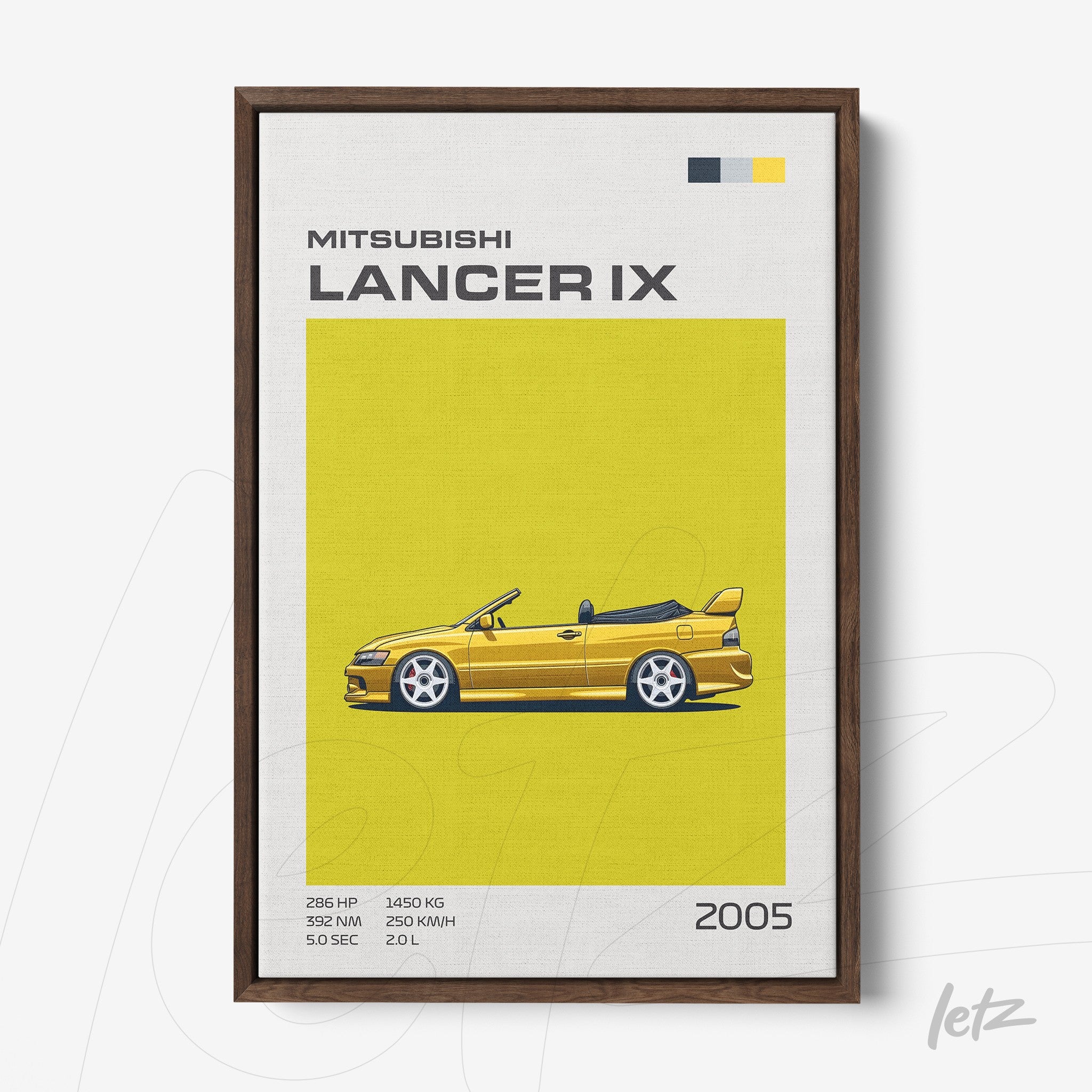 quadro com arte de carro esportivo Mitsubishi Lancer IX em fundo amarelo vibrante e moldura de madeira escura