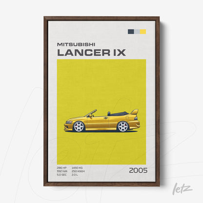 quadro com arte de carro esportivo Mitsubishi Lancer IX em fundo amarelo vibrante e moldura de madeira escura