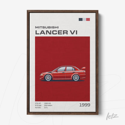 quadro emoldurado com ilustração do carro Mitsubishi Lancer VI em fundo vermelho