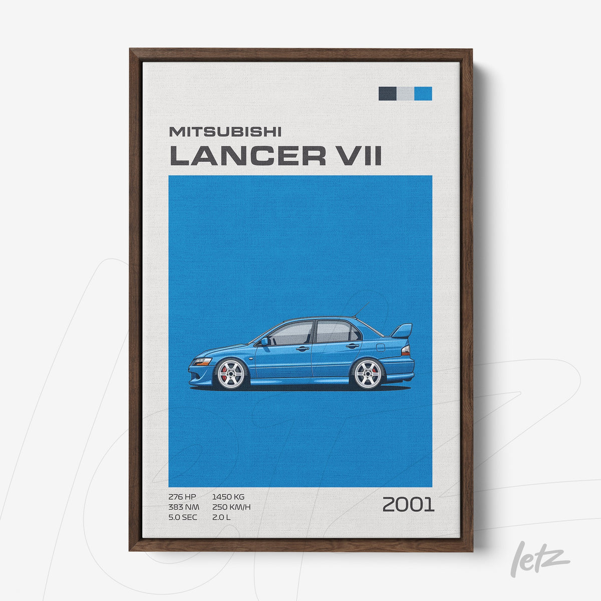 quadro em tela canvas com ilustração do carro Mitsubishi Lancer VII em fundo azul vibrante e moldura de madeira escura