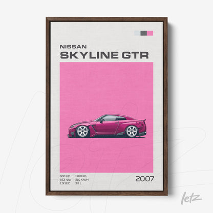 quadro com arte digital do carro Nissan Skyline GTR em fundo rosa e moldura de madeira escura