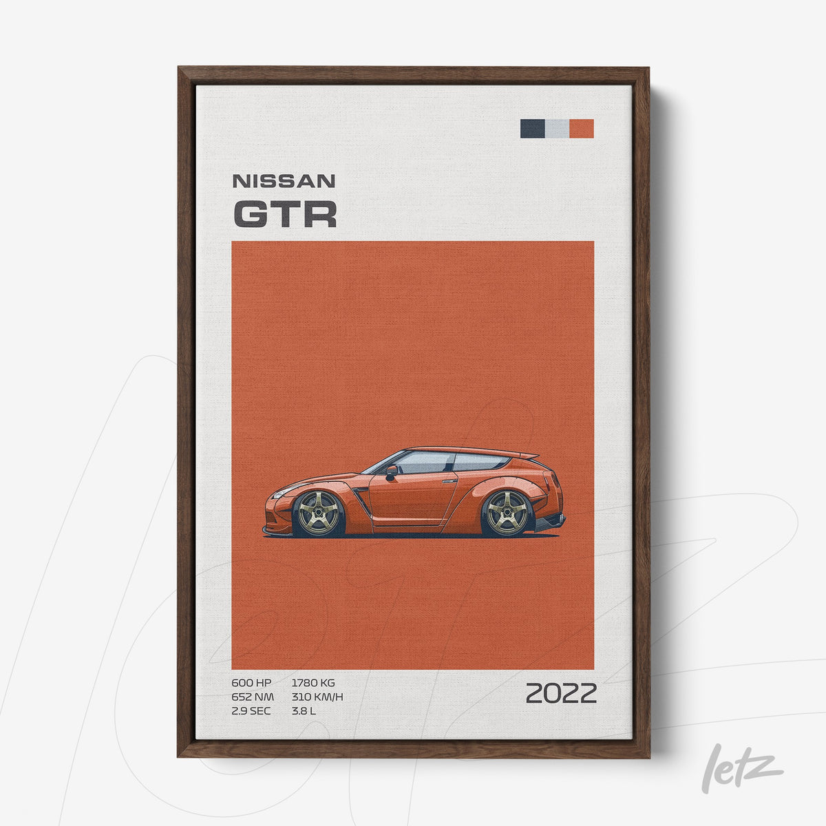 quadro com ilustração do carro Nissan GTR em fundo laranja e moldura de madeira escura
