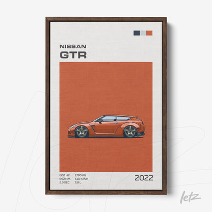 quadro com ilustração do carro Nissan GTR em fundo laranja e moldura de madeira escura