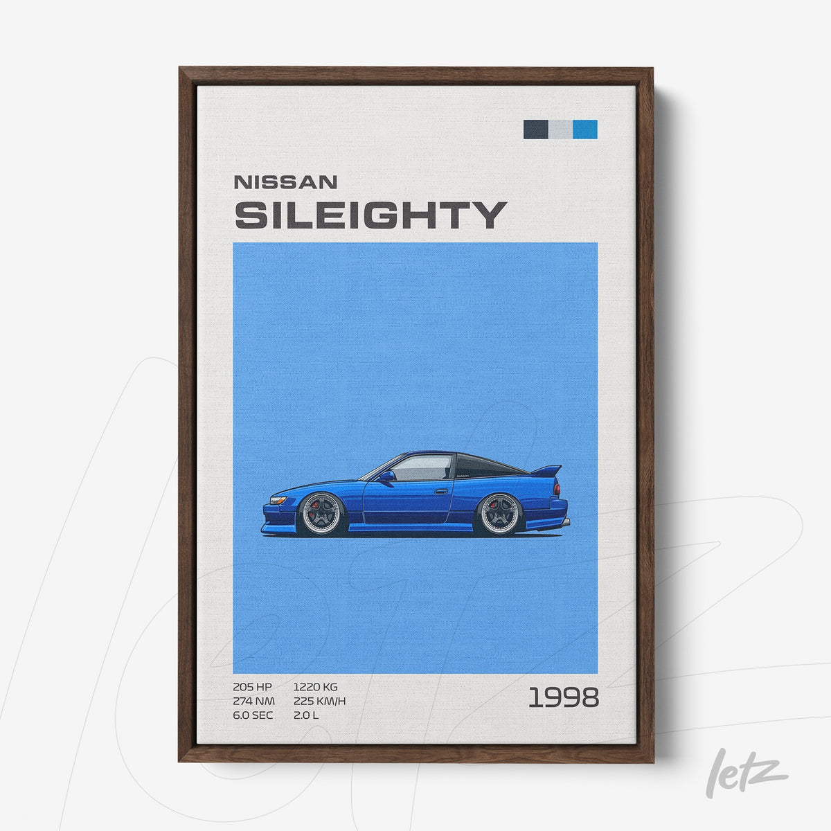 quadro com ilustração estilizada do carro Nissan Silvia Sileighty em fundo azul vibrante, moldura de madeira escura