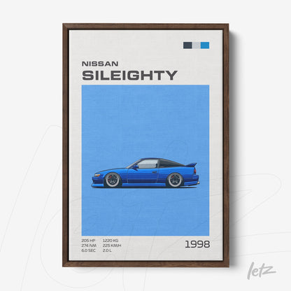 quadro com ilustração estilizada do carro Nissan Silvia Sileighty em fundo azul vibrante, moldura de madeira escura