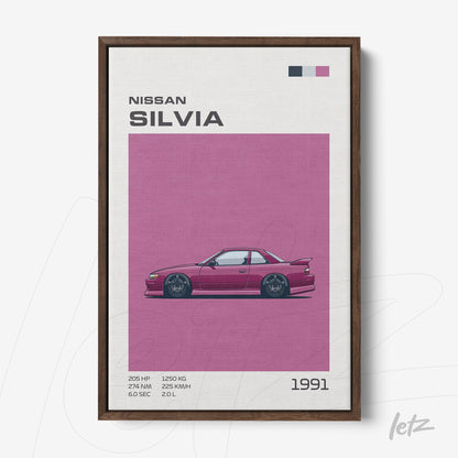 quadro com arte digital do carro Nissan Silvia em fundo rosa, exibindo detalhes como potência e peso