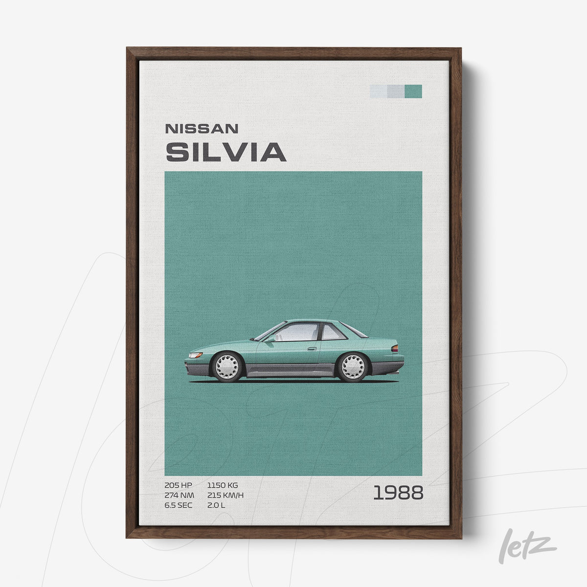quadro com ilustração estilizada do carro Nissan Silvia de 1988 em fundo verde-água e moldura marrom