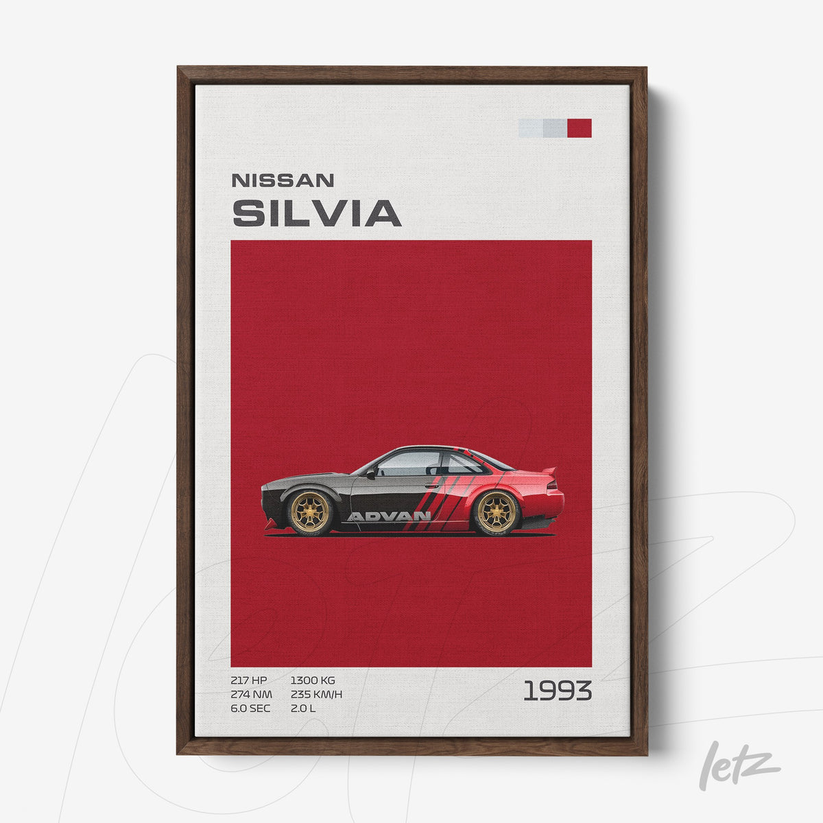 quadro com arte de carro esportivo Nissan Silvia de 1993 em moldura de madeira escura com fundo vermelho