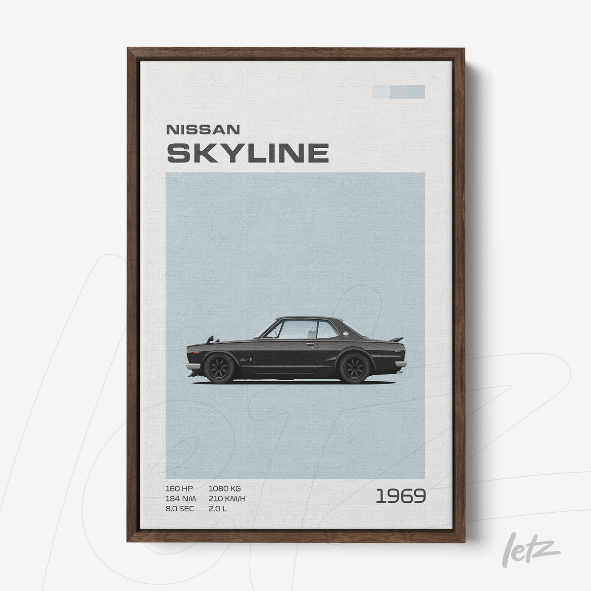 quadro com arte digital do carro Nissan Skyline de 1969 em moldura de madeira escura