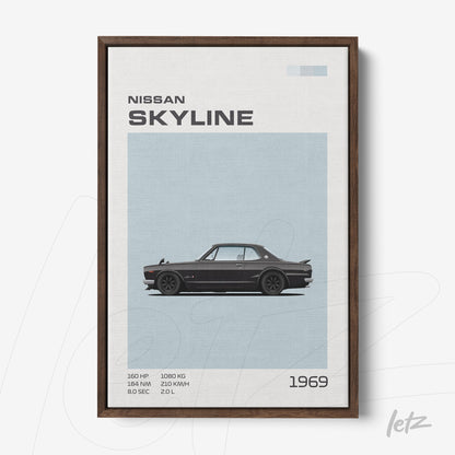 quadro com arte digital do carro Nissan Skyline de 1969 em moldura de madeira escura