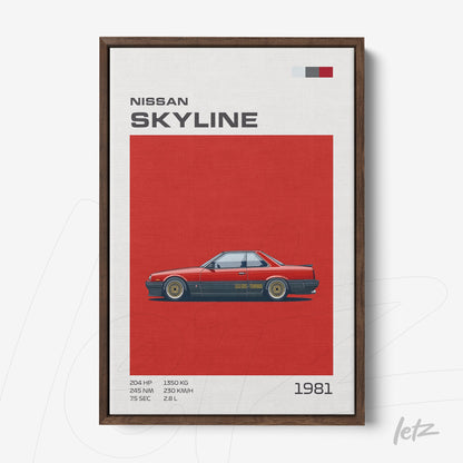 quadro com ilustração do carro Nissan Skyline 1981 em fundo vermelho, moldurado com madeira escura