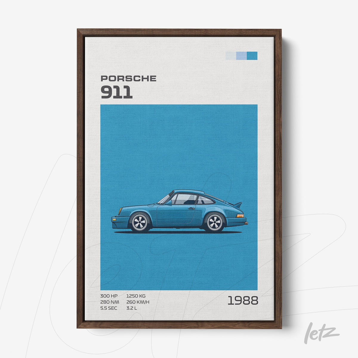 quadro com arte digital retrô de um Porsche 911 azul sob fundo azul em moldura de madeira escura