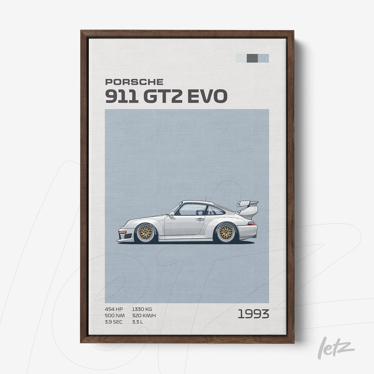 quadro com arte digital do carro Porsche 911 GT2 EVO, estilo minimalista, moldura de madeira escura