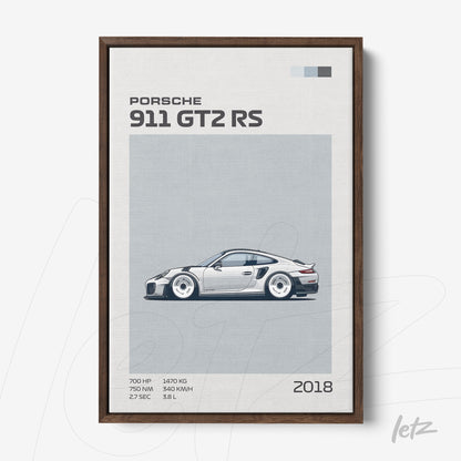 quadro com arte minimalista do carro Porsche 911 GT2 RS em moldura de madeira escura