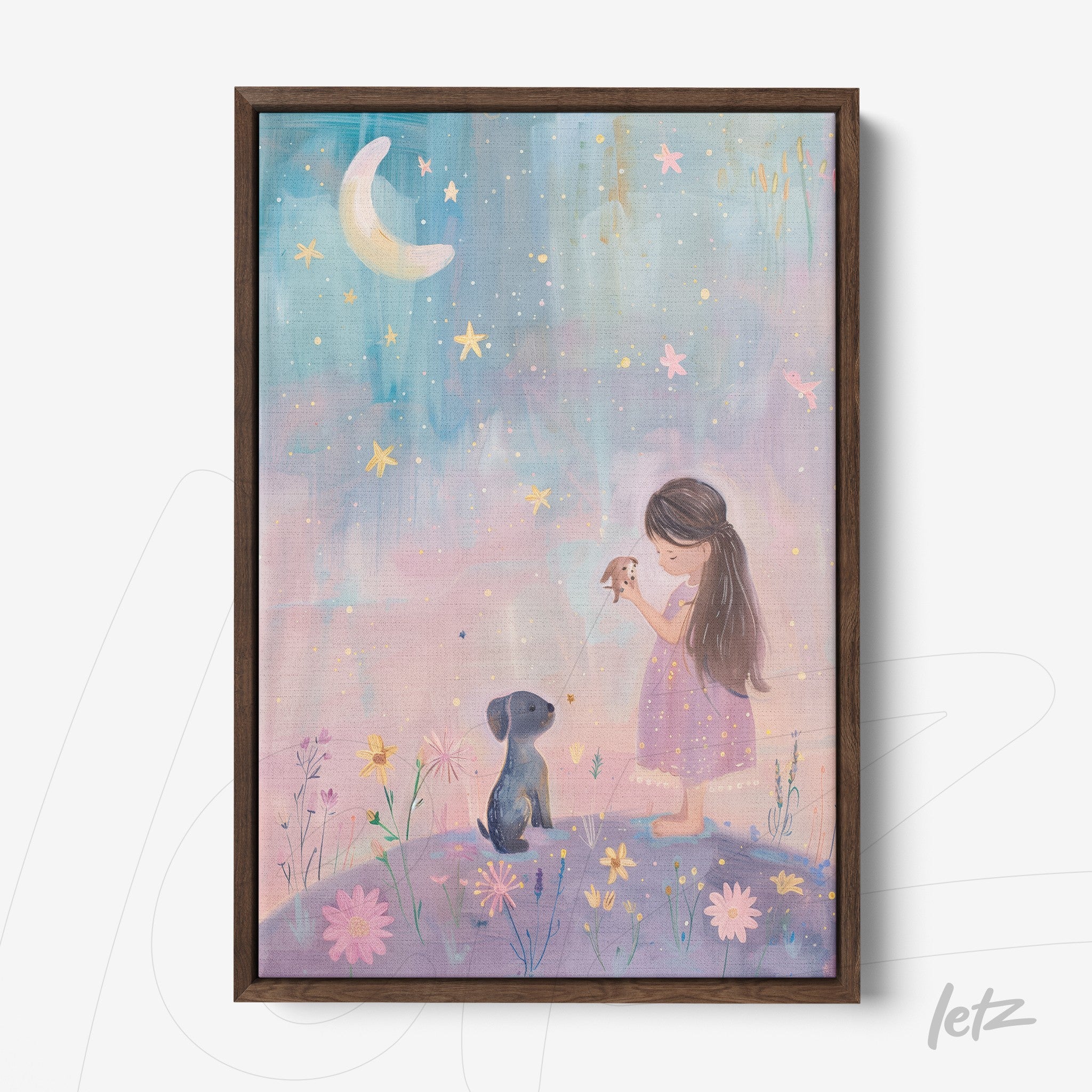quadro com ilustração suave de menina com vestido rosa e cachorro em cenário noturno com estrelas e flores coloridas, moldura marrom escura