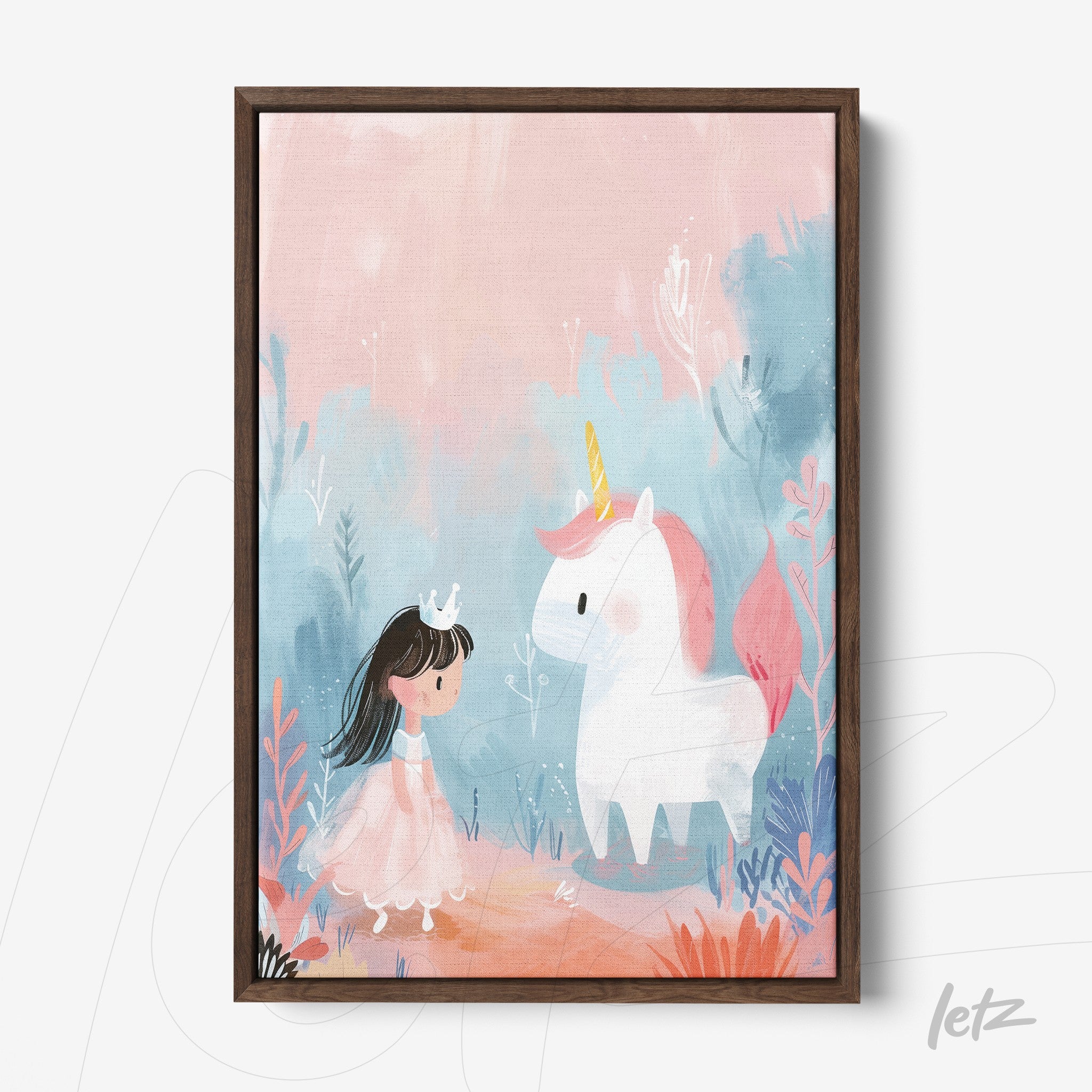 quadro com ilustração infantil de uma menina com coroa e um unicórnio em fundo pastel, moldura de madeira escura