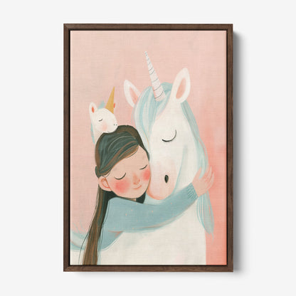 quadro em canvas com ilustração infantil de menina abraçando um unicórnio em fundo rosa