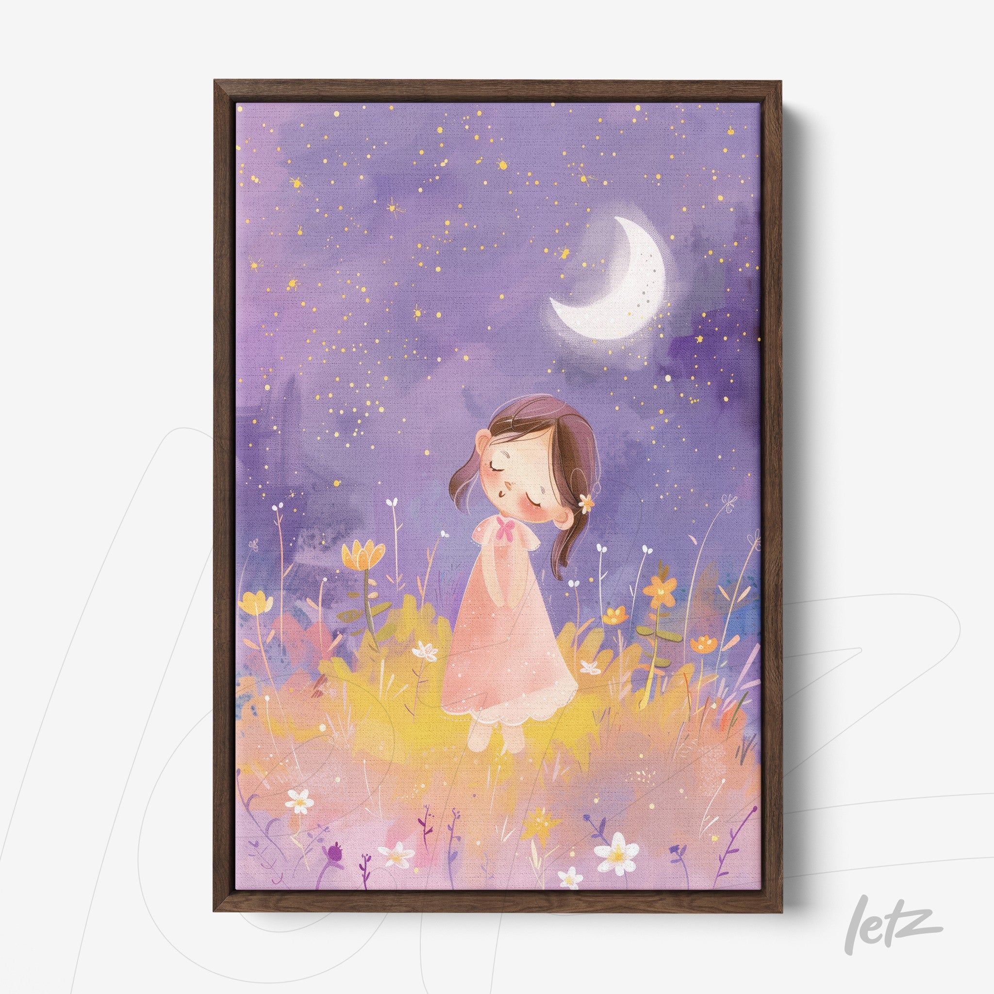 quadro com ilustração infantil de menina sonhadora sob a lua, com fundo lilás e flores coloridas