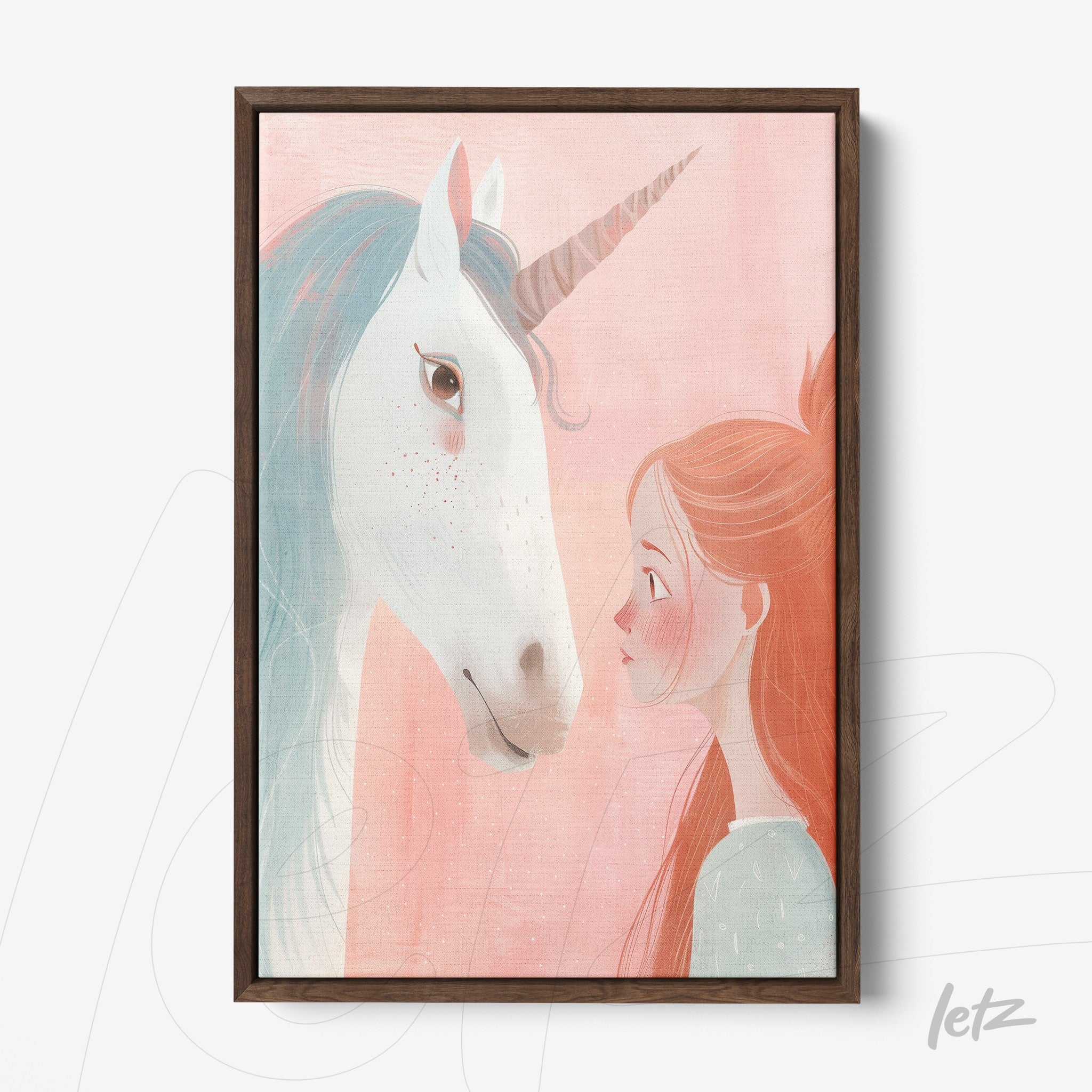quadro decorativo com ilustração de menina olhando para um unicórnio em fundo rosa suave, moldura de madeira escura