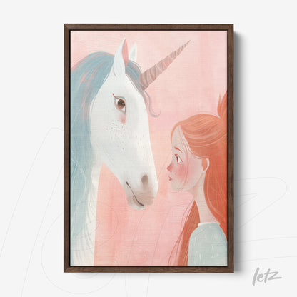 quadro decorativo com ilustração de menina olhando para um unicórnio em fundo rosa suave, moldura de madeira escura