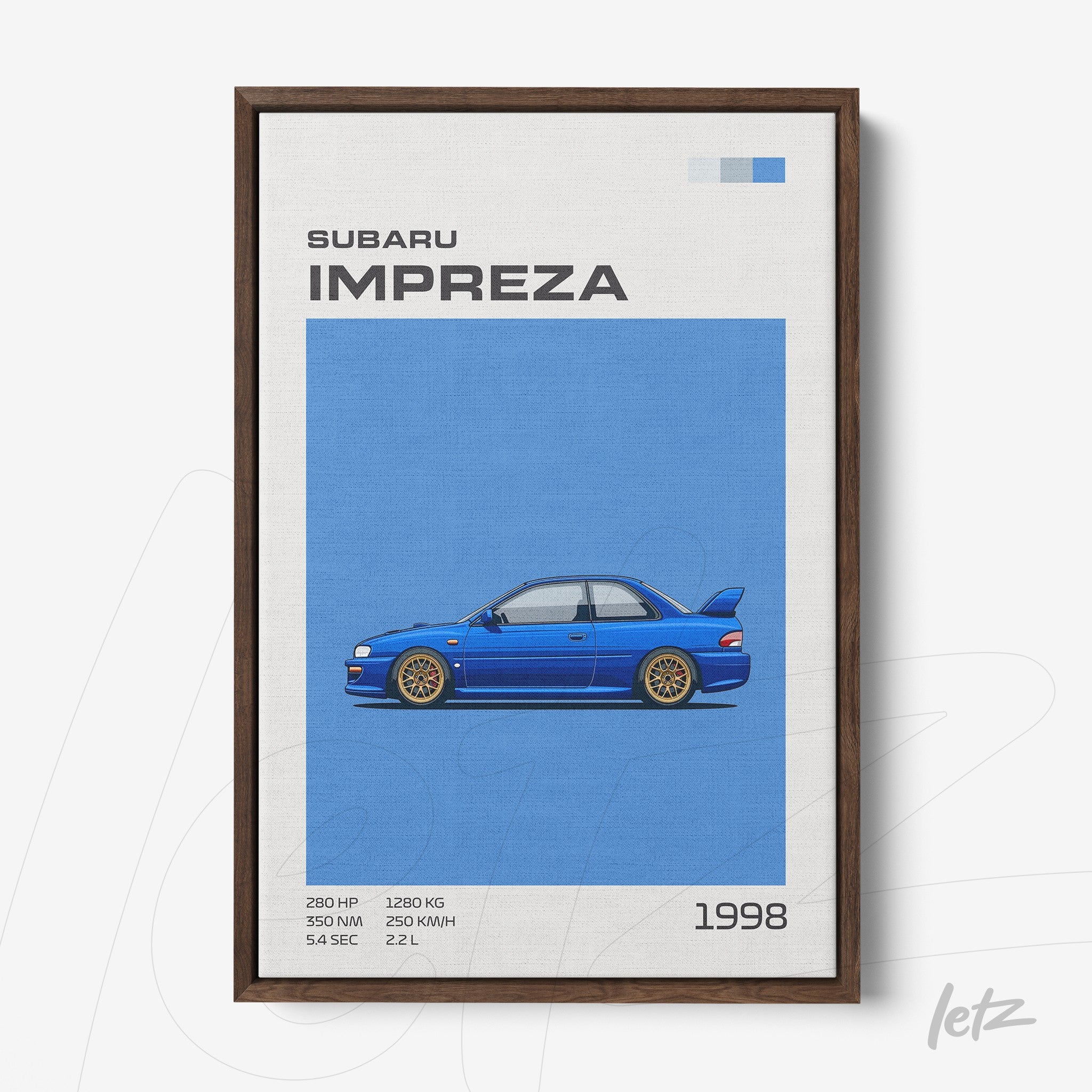 quadro em canvas com ilustração do carro Subaru Impreza de 1998 em fundo azul e moldura de madeira escura