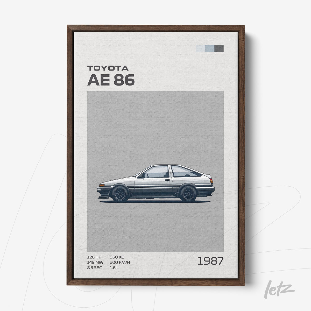 quadro com ilustração do carro Toyota AE 86 em moldura de madeira escura sobre fundo cinza