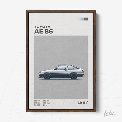 quadro com ilustração do carro Toyota AE 86 em moldura de madeira escura sobre fundo cinza