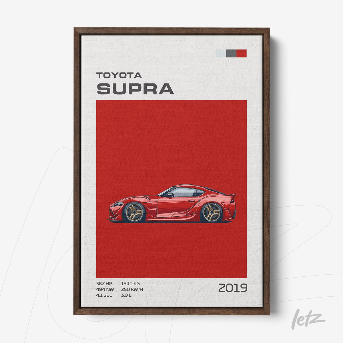 quadro com arte digital do carro Toyota Supra em fundo vermelho com moldura de madeira escura
