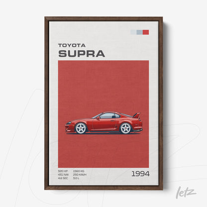 quadro com ilustração do carro Toyota Supra 1994 em fundo vermelho e moldura de madeira escura