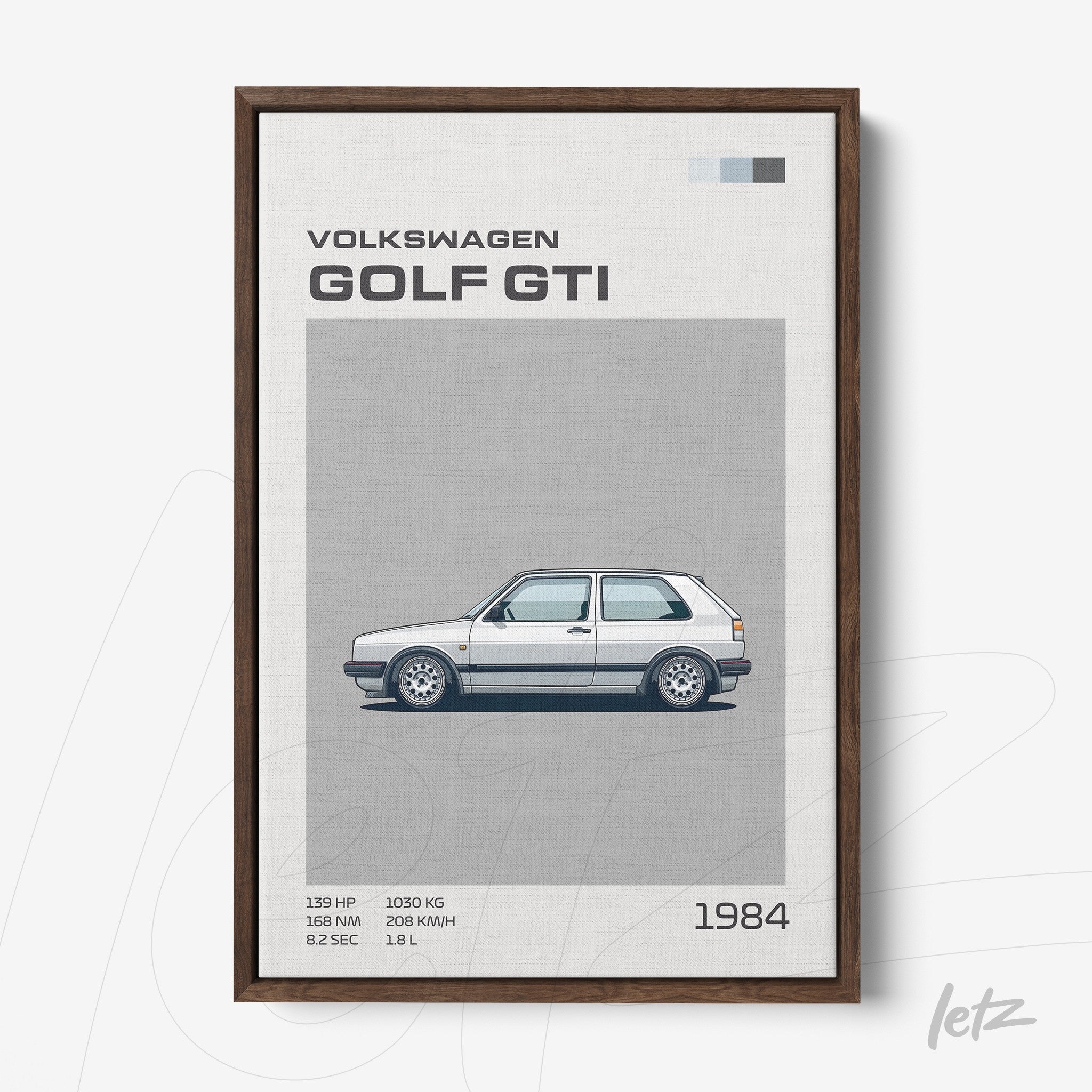 quadro com ilustração do carro Volkswagen Golf GTI em moldura de madeira escura