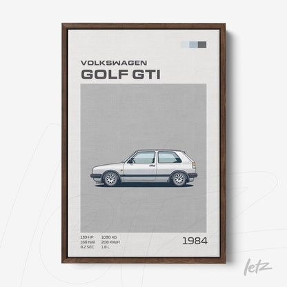 quadro com ilustração do carro Volkswagen Golf GTI em moldura de madeira escura