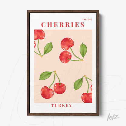 quadro com ilustração de cerejas em fundo rosa claro, moldura de madeira escura com texto 'CHERRIES' e 'TURKEY'