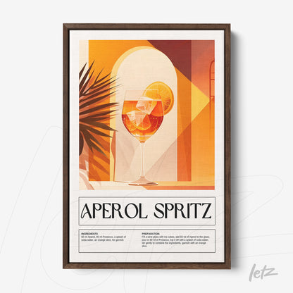 quadro com ilustração artística do drink aperol spritz em moldura de madeira escura