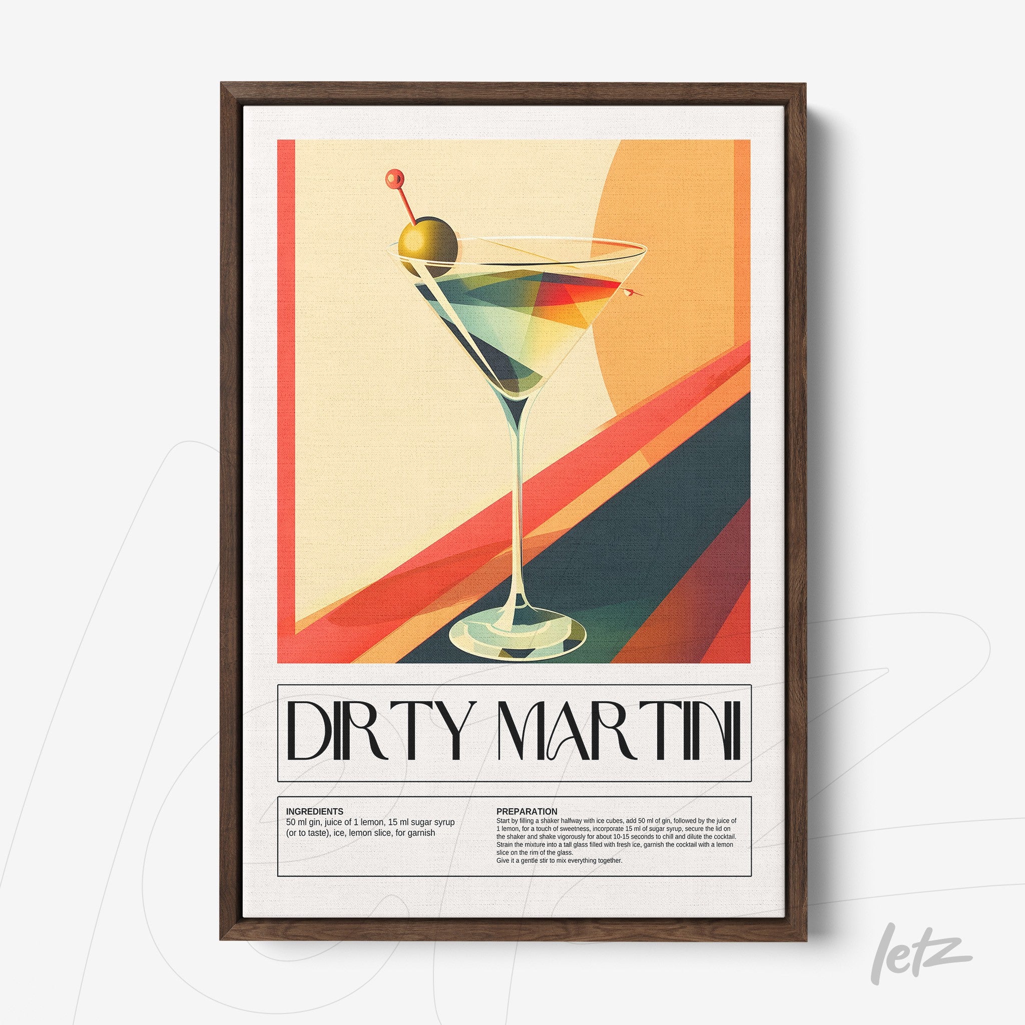 quadro com arte retrô de um drink martini servido em taça, moldura de madeira escura com fundo multicolorido
