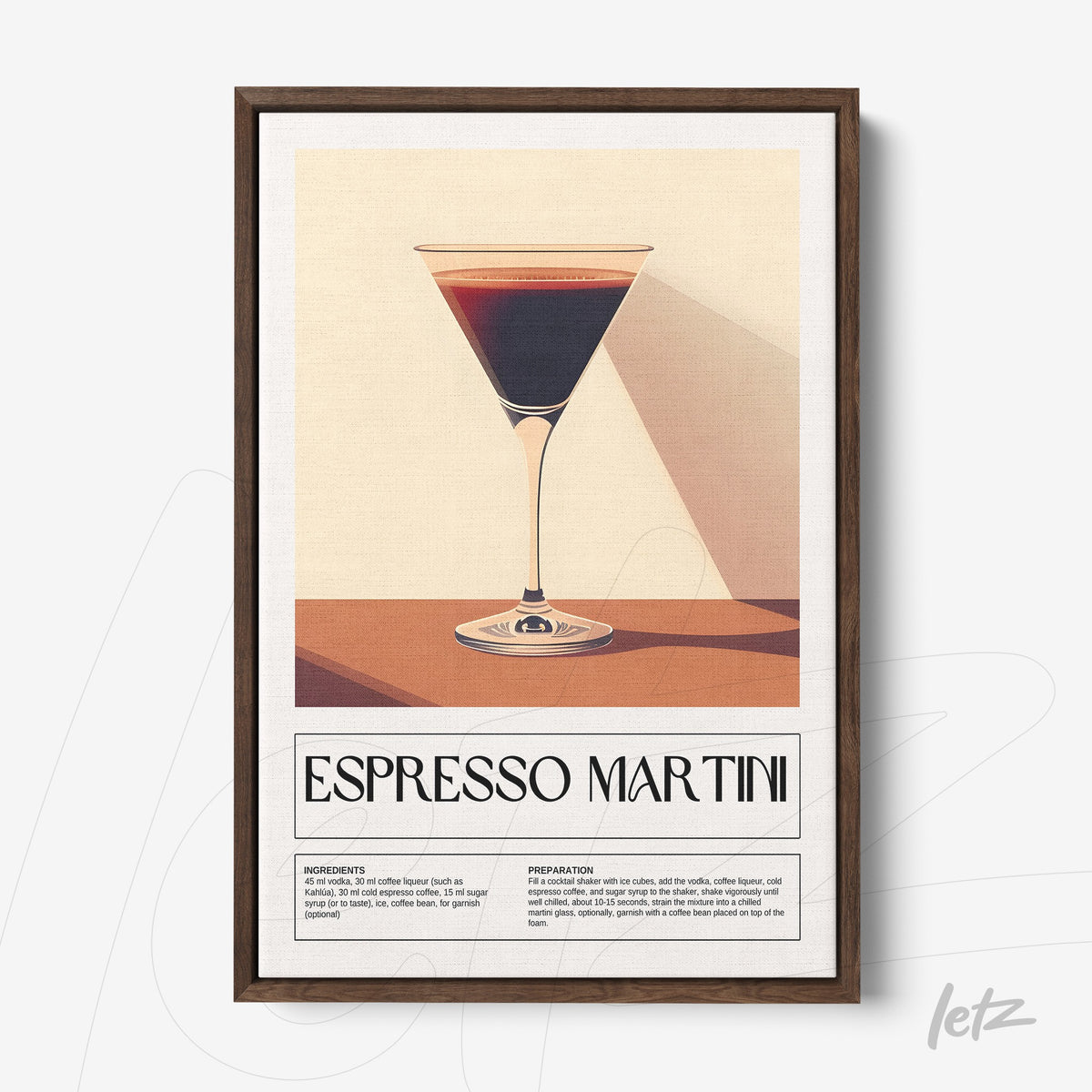 quadro com arte de drink espresso martini em moldura escura com fundo claro