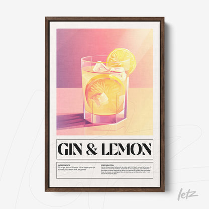 quadro com arte digital de drink gin com limão em moldura de madeira escura
