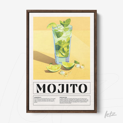 quadro com arte digital de um drink mojito, exibindo copo alto com folhas de hortelã e limões fatiados sobre fundo amarelo
