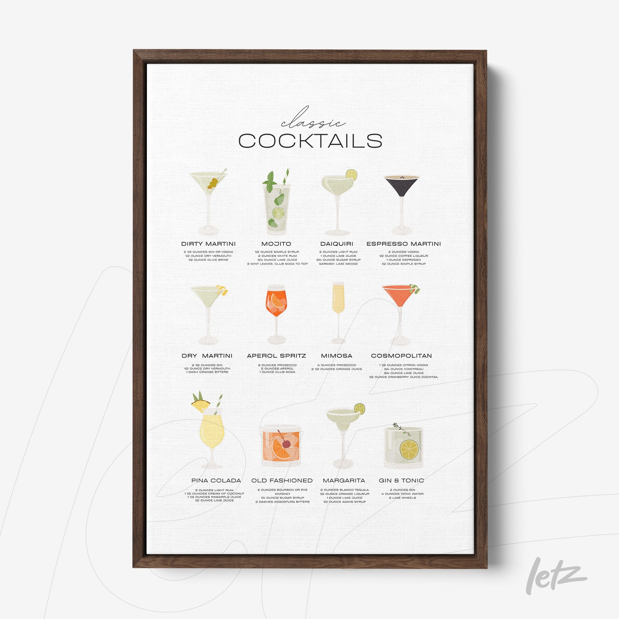 quadro com ilustrações de drinks clássicos em moldura marrom escura com fundo claro