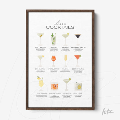 quadro com ilustrações de drinks clássicos em moldura marrom escura com fundo claro