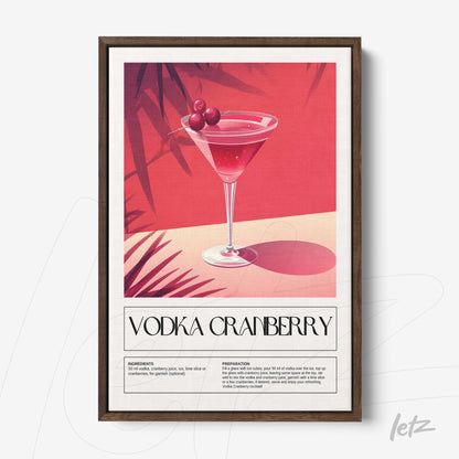 quadro com arte de drink vodka cranberry em moldura madeira escura