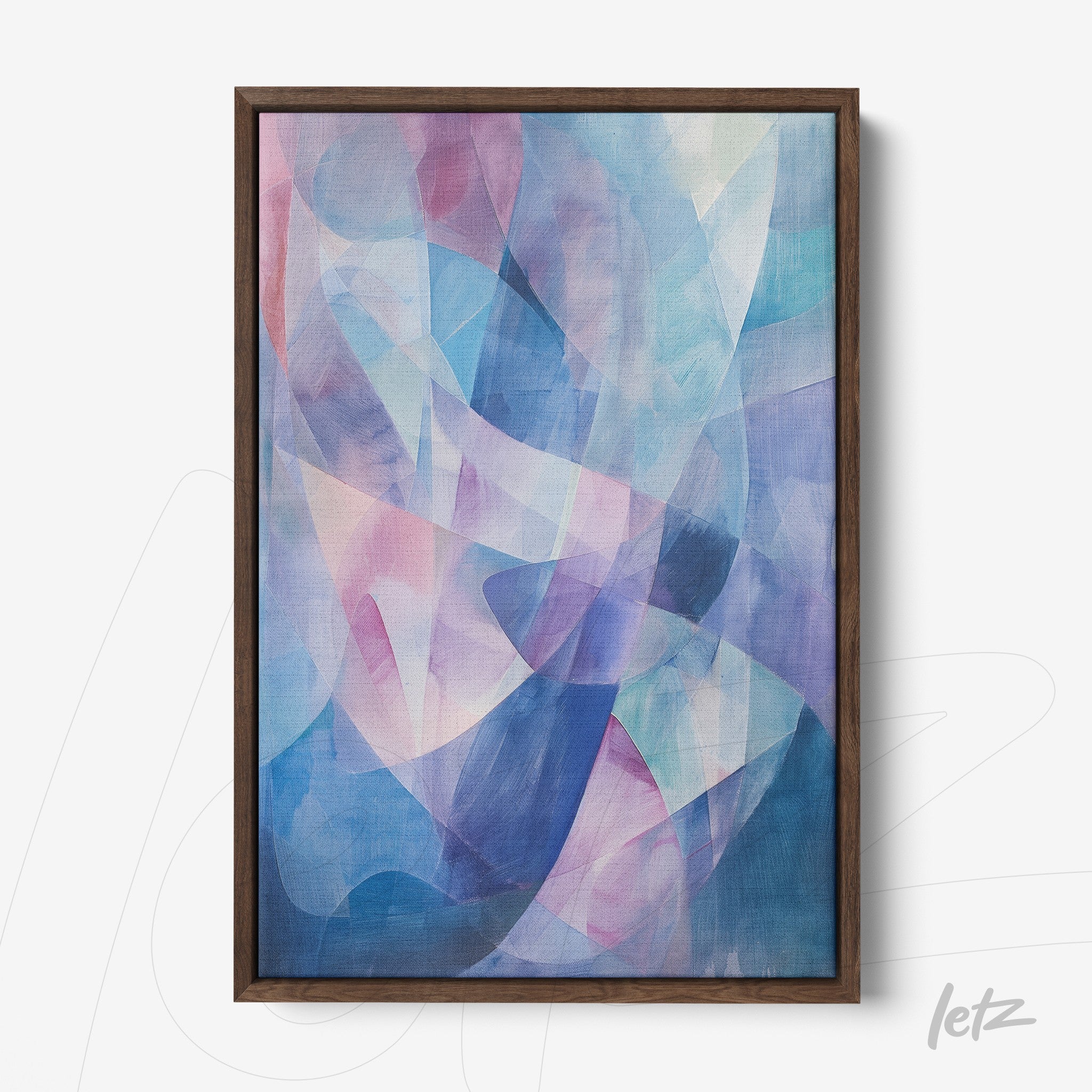 quadro com arte abstrata em tons de azul e rosa com moldura de madeira escura