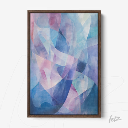 quadro com arte abstrata em tons de azul e rosa com moldura de madeira escura