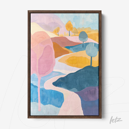 quadro com arte abstrata de paisagem com colinas coloridas em moldura de madeira escura